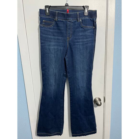 Spanx Flare Leg Pull On Jeans Large High Rise Dark Wash Preppy Twee Academia - Picture 2 of 8
